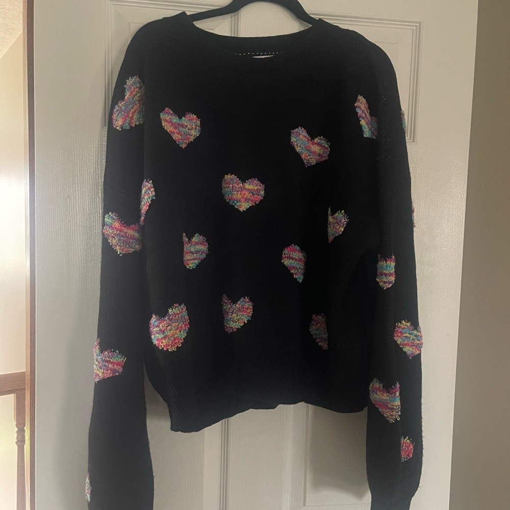 Pink Lily Black Crew Neck Sweater with Heart Pattern